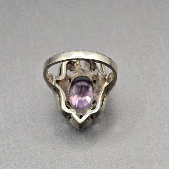 VTG Sterling Silver Amethyst Marcasite Cocktail Ring Size 6.5 Signed TH Art Deco - Picture 4 of 13